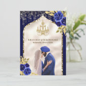 Royal Blue Gold Floral Anand Karaj Sikh Bruiloft Kaart (Staand voorkant)