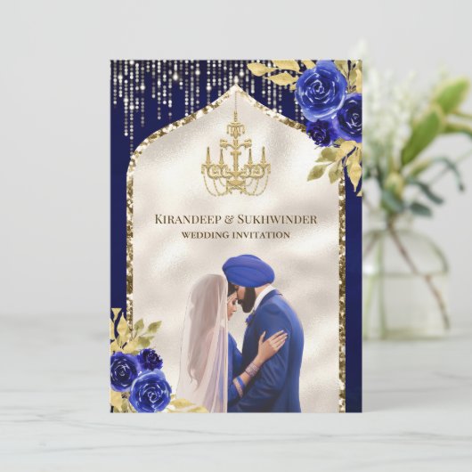 Royal Blue Gold Floral Anand Karaj Sikh Bruiloft Kaart (Staand voorkant)