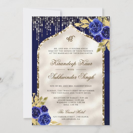 Royal Blue Gold Floral Anand Karaj Sikh Bruiloft Kaart (Achterkant)