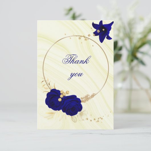royal blue gold floral bedankkaart (Staand voorkant)