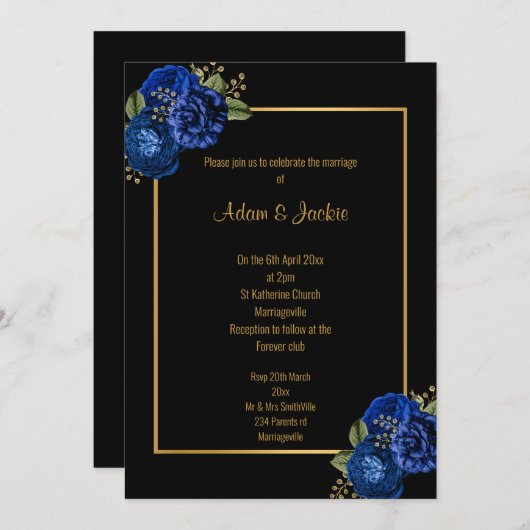 ROYAL BLUE GOLD FLORAL BOUQUET WEDDING INVITATION KAART (Voorkant / Achterkant)