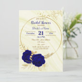 royal blue gold floral bridal douche - uitnodiging (Staand voorkant)