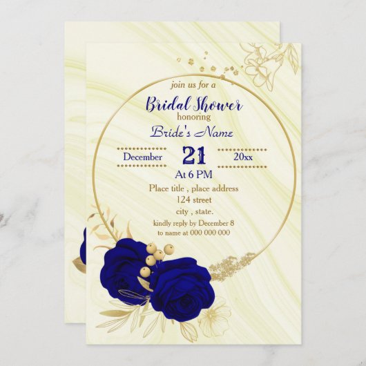 royal blue gold floral bridal douche - uitnodiging (Voorkant / Achterkant)