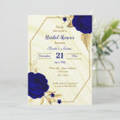 royal blue gold floral bridal douche - uitnodiging (Staand voorkant)