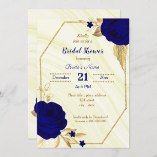 royal blue gold floral bridal douche - uitnodiging