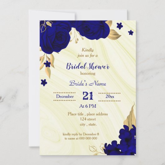 royal blue gold floral bridal douche - uitnodiging (Voorkant)