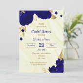 royal blue gold floral bridal douche - uitnodiging (Staand voorkant)