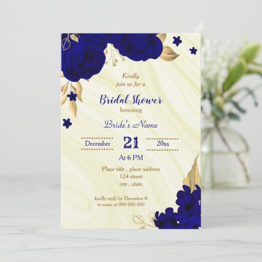 royal blue gold floral bridal douche - uitnodiging (Staand voorkant)