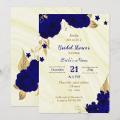 royal blue gold floral bridal douche - uitnodiging (Voorkant / Achterkant)