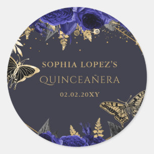 Royal Blue Gold Floral Butterflies Quinceanera Ronde Sticker