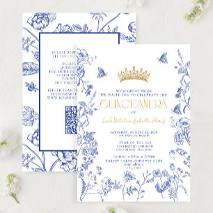 Royal Blue Gold Floral Butterfly QR Quinceañera Kaart