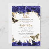Royal Blue Gold Floral Butterfly Quinceañera Kaart (Voorkant)