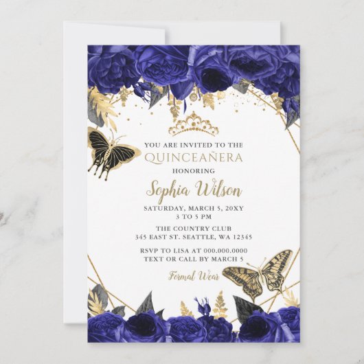 Royal Blue Gold Floral Butterfly Quinceañera Kaart (Voorkant)