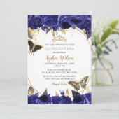 Royal Blue Gold Floral Butterfly Quinceañera Kaart (Staand voorkant)