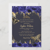 Royal Blue Gold Floral Butterfly Quinceañera Kaart (Voorkant)