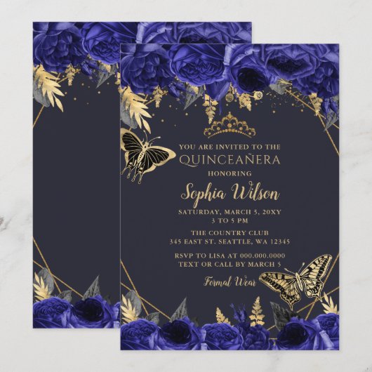 Royal Blue Gold Floral Butterfly Quinceañera Kaart (Voorkant / Achterkant)