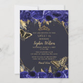 Royal Blue Gold Floral Butterfly Sweet 16 Kaart (Voorkant)