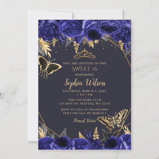 Royal Blue Gold Floral Butterfly Sweet 16 Kaart (Voorkant)