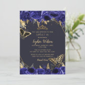 Royal Blue Gold Floral Butterfly Sweet 16 Kaart (Staand voorkant)