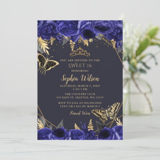 Royal Blue Gold Floral Butterfly Sweet 16 Kaart (Staand voorkant)