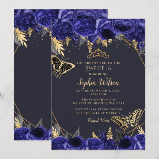 Royal Blue Gold Floral Butterfly Sweet 16 Kaart (Voorkant / Achterkant)