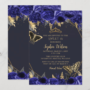 Royal Blue Gold Floral Butterfly Sweet 16 Kaart