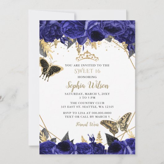 Royal Blue Gold Floral Butterfly Sweet 16 Kaart (Voorkant)