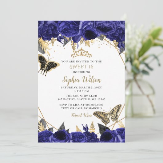 Royal Blue Gold Floral Butterfly Sweet 16 Kaart (Staand voorkant)