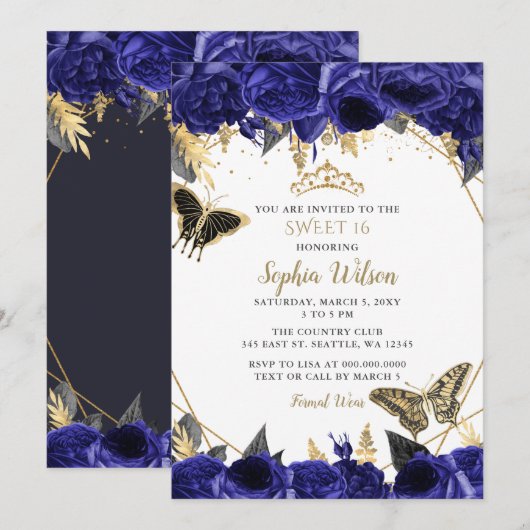 Royal Blue Gold Floral Butterfly Sweet 16 Kaart (Voorkant / Achterkant)