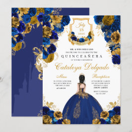 Royal Blue & Gold Floral Elegant Quinceañera Kaart