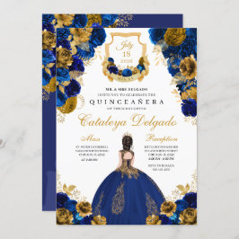 Royal Blue & Gold Floral Elegant Quinceañera Kaart
