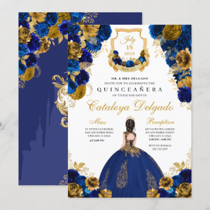 Royal Blue & Gold Floral Elegant Quinceañera Kaart