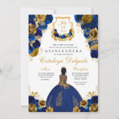 Royal Blue & Gold Floral Elegant Quinceañera Kaart (Voorkant)