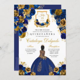 Royal Blue & Gold Floral Elegant Quinceañera Kaart