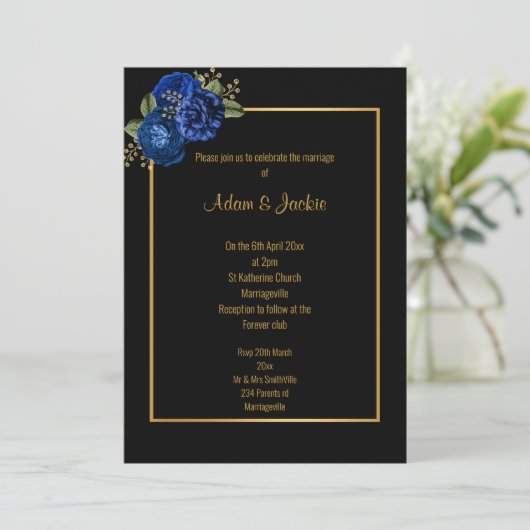 ROYAL BLUE GOLD FLORAL ELEGANT WEDDING INVITATION KAART (Staand voorkant)