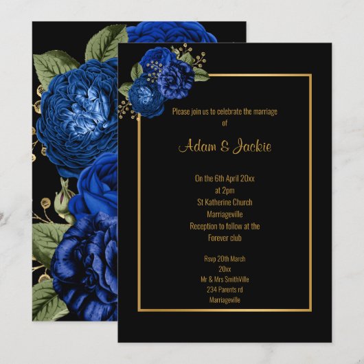 ROYAL BLUE GOLD FLORAL ELEGANT WEDDING INVITATION KAART (Voorkant / Achterkant)
