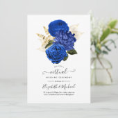 Royal Blue & Gold Floral en Lace Virtual Wedding Kaart (Staand voorkant)