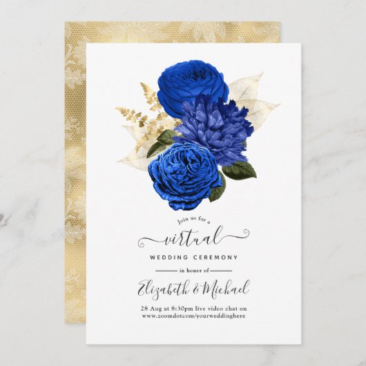 Royal Blue & Gold Floral en Lace Virtual Wedding Kaart (Voorkant / Achterkant)