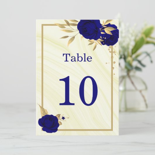 royal blue gold floral geometric table number kaart (Staand voorkant)
