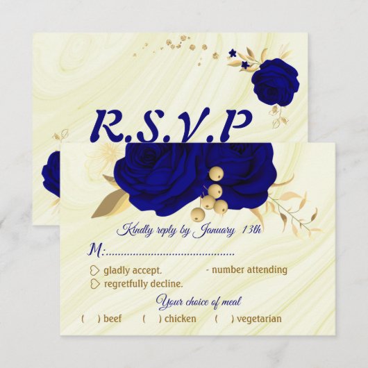 royal blue gold floral marmer choice RSVP kaartje (Voorkant / Achterkant)