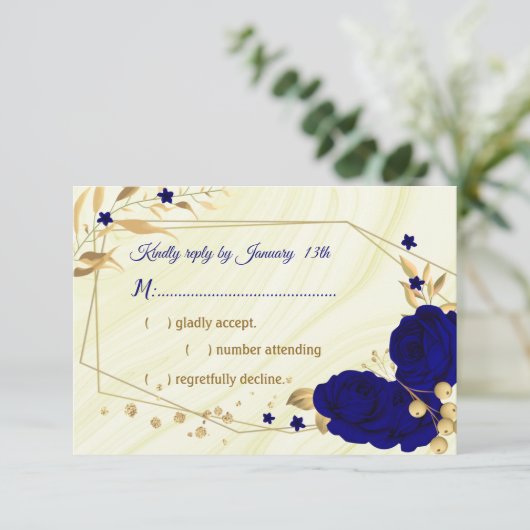 royal blue gold floral marmer geometrisch RSVP kaartje (Staand voorkant)