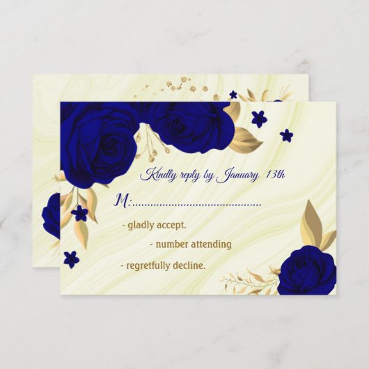 royal blue gold floral marmer RSVP kaartje (Voorkant / Achterkant)