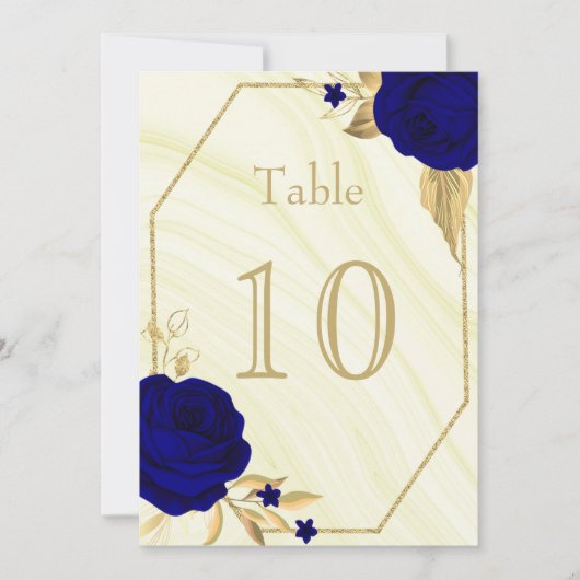 royal blue gold floral marmer table number kaart (Voorkant)