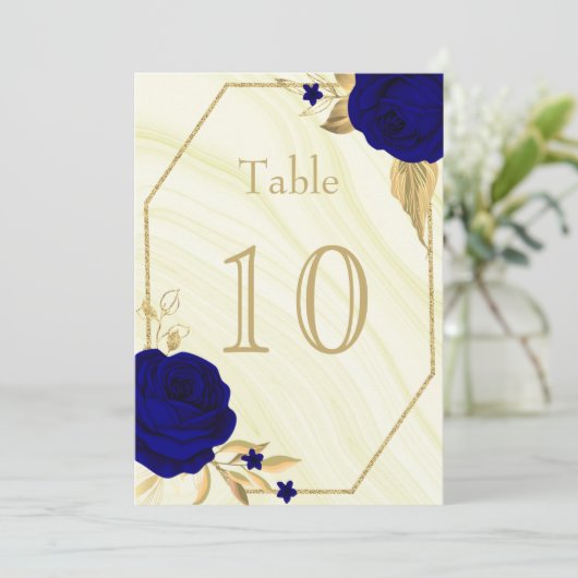 royal blue gold floral marmer table number kaart (Staand voorkant)