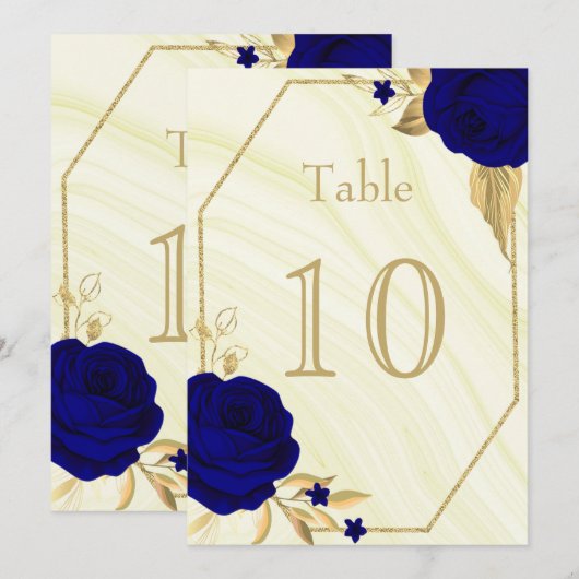 royal blue gold floral marmer table number kaart (Voorkant / Achterkant)