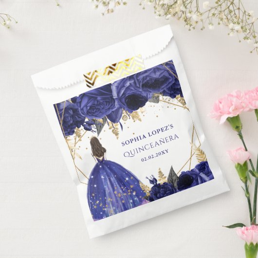 Royal Blue Gold Floral Princess Quinceanera Bedankzakje (Gezegeld)