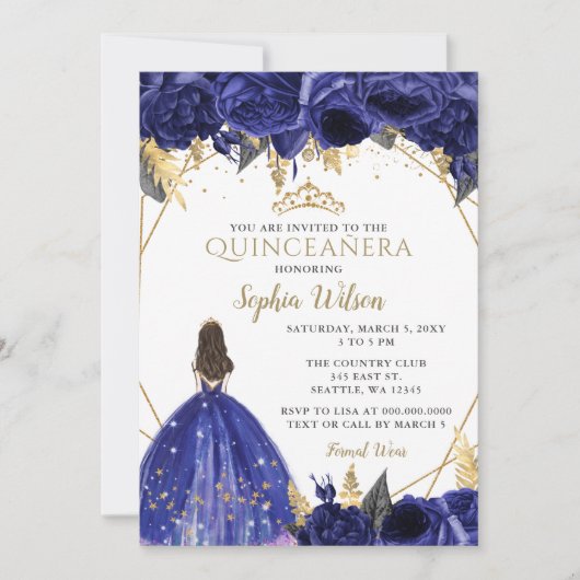 Royal Blue Gold Floral Princess Quinceañera Invita Kaart (Voorkant)