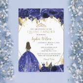 Royal Blue Gold Floral Princess Quinceañera Invita Kaart