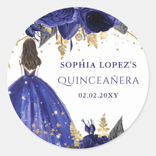 Royal Blue Gold Floral Princess Quinceanera Ronde Sticker (Voorkant)
