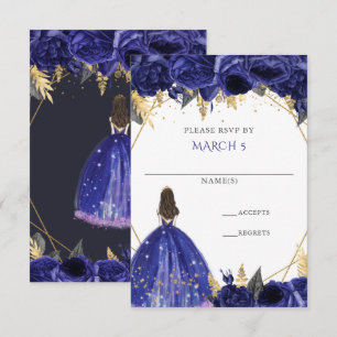 Royal Blue Gold Floral Princess Quinceanera RSVP Kaartje